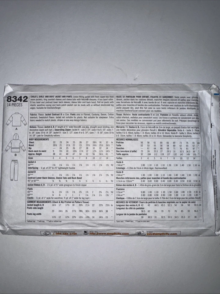 Simplicity 8342 Child's Tracksuit - Jackets & Pull-On Pants Sz 3-6 UNCUT Pattern - Image 2 of 4