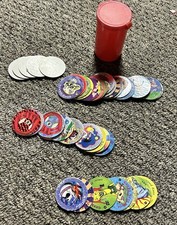 Lot of Vintage Pogs Tokens Milk Caps  Slammers Multicolor 1990s Case Included
