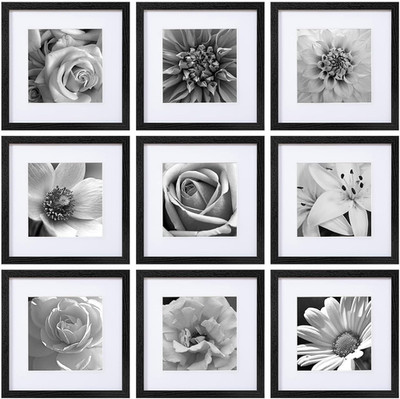 12X12 Picture Frames Set of 9 with Mat for 8X8 Photos or without Mat for 12X12, 