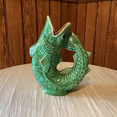 Vintage Green Gurgle Jug Pitcher Gluggle Jug Fish Vase Circa 1950s