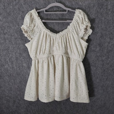 Torrid Women Blouse 0 0X Off White Fairycore Boho Eyelet Ruffle Babydoll Peplum