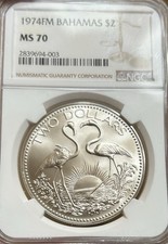 1974 Bahamas FM Silver $2 NGC MS70 Rare Top Pop! Flamingos