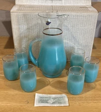 NOS 7-Piece West Virginia Glass Blendo Jade Juice Set Orig Box Pitcher/glasses