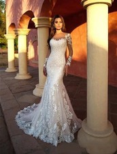 Mermaid Wedding Dresses 3D Appliqued Lace Sheer Neck Bridal Gowns Floor Length