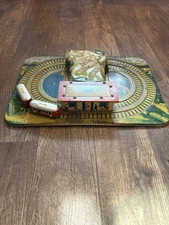 Vintage Wind Up Mystery Station Tin Train Toy Works! Automatic Toy Co. with key!