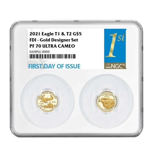 2021-W Proof  T1 and T2 American Eagle 1/10 oz Gold Set Designer Edition NGC