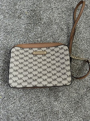 Michael Kors MK Logo Small Zip Crossbody Bag Beige/Brown Adjustable Strap Gold