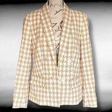 Women's Versatile 6 8 Kasper Gold White Check Plaid Lined Open Blazer Jacket NWT