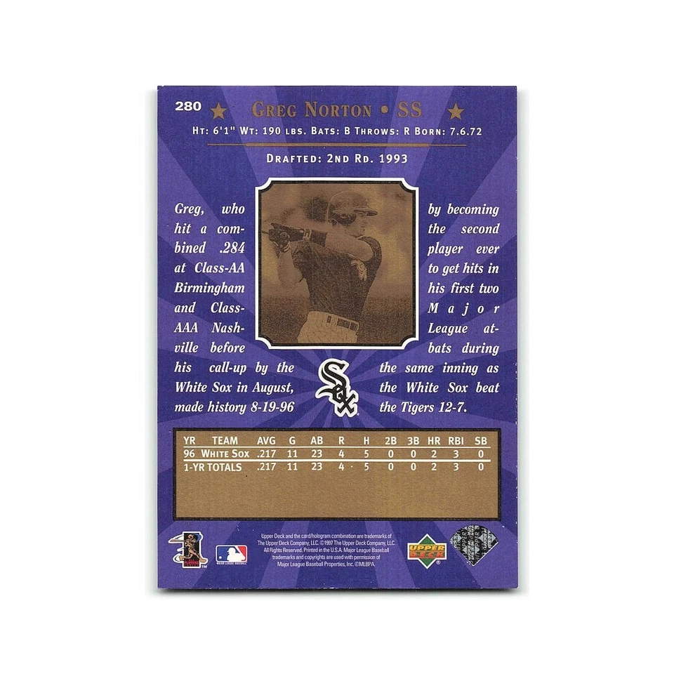 Greg Norton Rookie 1997 Upper Deck #280 Chicago White Sox Baseball Card NM - Image 2 of 3