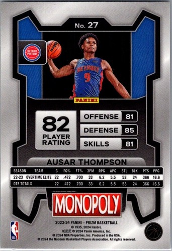 2023-24 Panini Prizm Monopoly Base #27 Ausar Thompson (RC) Pistons - Picture 2 of 2