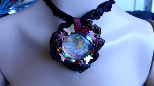 HANDMADE STATEMENT NECKLACE MULTI COLOR BLACK LACE CRYSTALL BEADS NO METAL GIFT - Picture 2 of 12