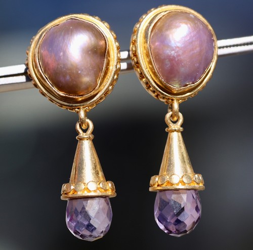 22K SOLID YELLOW GOLD 1.4" 13.8GRAMS BLISTER MABE PEARL AMETHYST CUSTOM EARRINGS - 第 2/12 張圖片