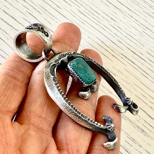 Navajo Naja Pendant Turquoise 2.75in Squash Blossom Matte Pearl Signed EL Billah - Picture 3 of 5