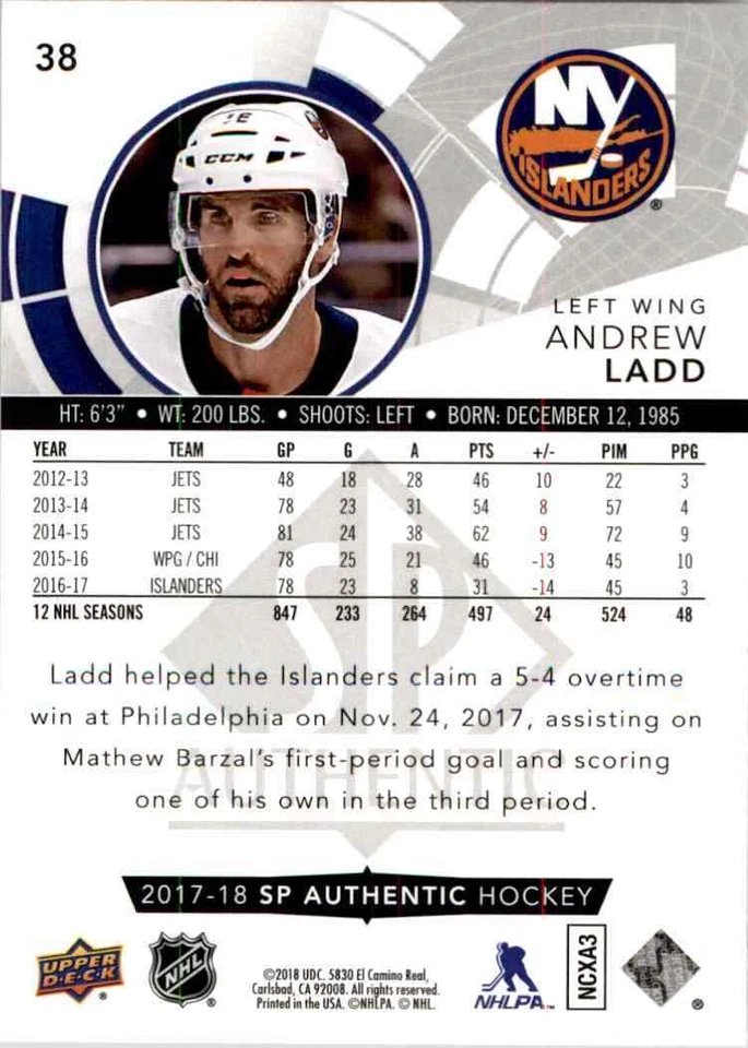 2017-18 upper deck SP Authentic Andrew Ladd #38 - Image 2 of 2