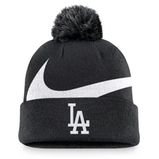 Los Angeles Dodgers MLB Nike Peak Swoosh Pom Beanie Cuffed Black Knit Hat Cap LA