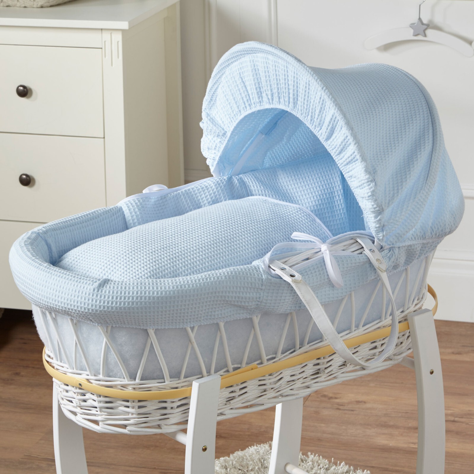 Baby Moses Basket - Blue Waffle / White Wicker | Bedding And Mattress