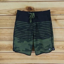 Wave Zone Swim Trunks Mens Sz 34 Green Black Striped Camouflage Pockets Swimwear