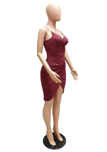 Women's V-neck Glitter Pleated Asymmetric Sheath Spaghetti Slip Dress Clubwear- - Bild 11 von 23