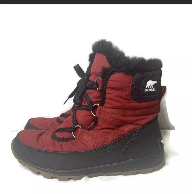Sorel Women s Burgundy Faux Fur Trim Lace Up Ankle Snow Rain Boots