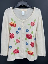 Norm Thompson Cardigan Sweater Womens Large Ivory Embroidered Floral Button Up