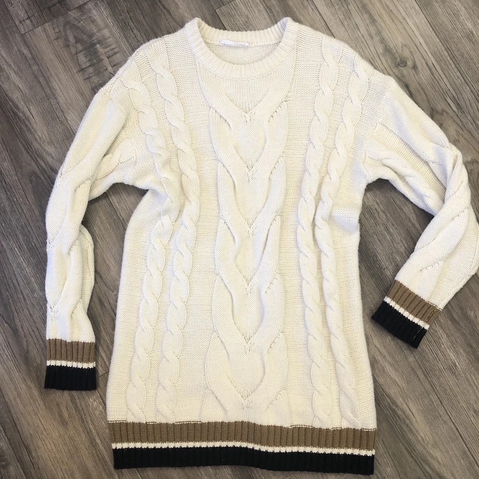 Vestido 12th Tribe Peggy M creme robusto malha de cabo gola redonda mangas compridas listras - Imagem 2 de 4