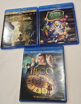 Blu-ray DVD Lot Disney Jungle Book Alice in Wonderland Hugo 3 Movie Bundle