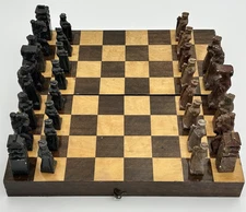 Soapstone Chess Set Asian Oriental Wooden Board Hand Carved ( Missing 2 Pieces)