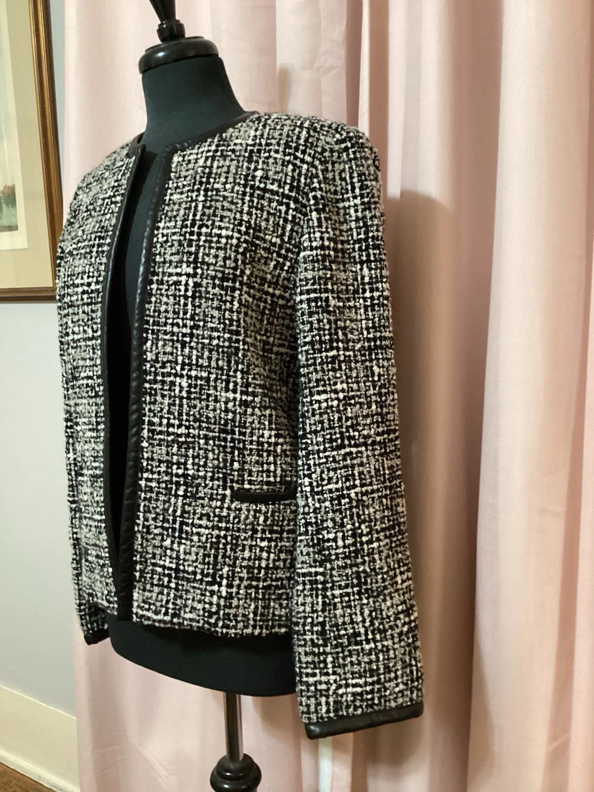 CHANEL Giacca blazer Talbots donna 8 maglia testurizzata nero bianco bordo pelle quadri