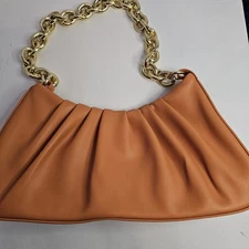 Orange Ruched Cresent Bag / Purse Chunky Gold Chain Strap Snap Luxury Bold H353