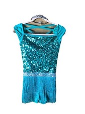 Weismann Dance Costume  Roses  Green Size MA Square Neck Fringe Trim