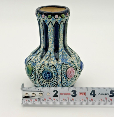 Antique Amphora Czechoslovakia Cabochon Jeweled Miniature Vase Blue Glaze 1920s