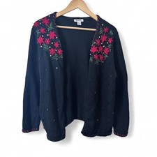 Vintage Christmas Cardigan , Embroidered Poinsettia with Beads and Sequins