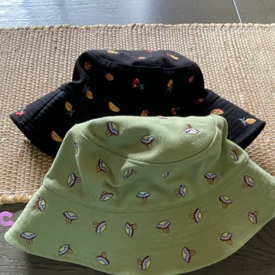 Urban Outfitters Bucket Hat Black Fruit Green Mushroom Print Wide Brim Women