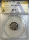 1923 - S Silver Mercury Dime 10 Cents ANACS Certified VG8 Rare Coin Better Date