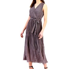 T Tahari Faux-Wrap Sleeveless Pleated Fit Flare Dress Split Rose Dot Large $148