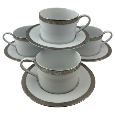 Nikko Platinum Filigree Flat Cups and Saucers Set of 4 VTG 2 1/4'' Etched Trim