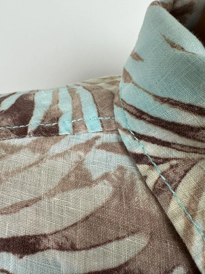 Camisa Hawaiana de Lino Caribeño Hombres XL ALTA Hoja de Helecho de Palma Marrón Azul Aloha Luau Foto 3 de 4