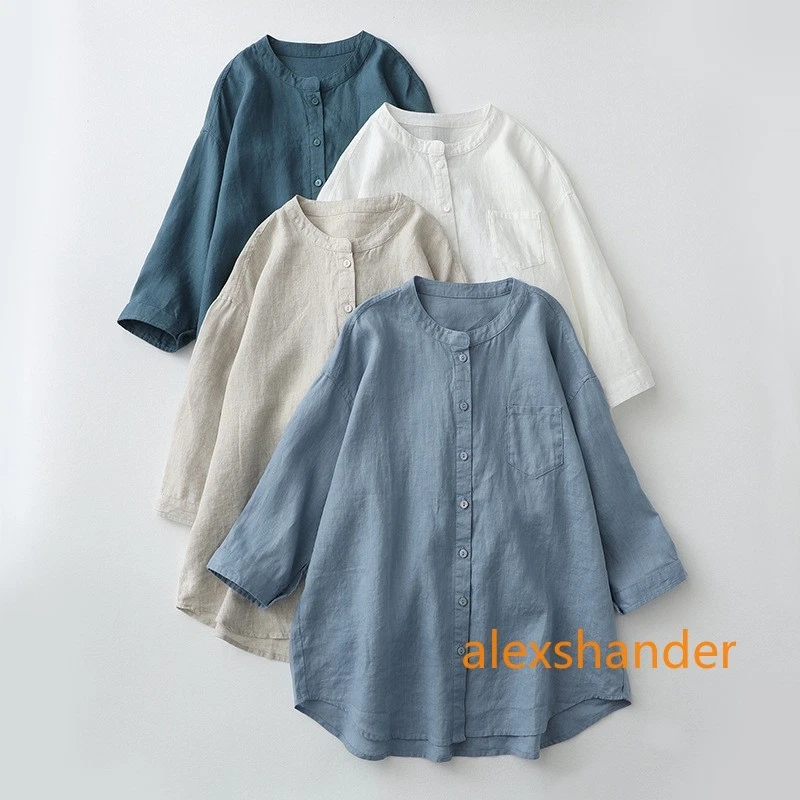 Linen Shirt Stand-up Collar Seven-quarter Sleeves White Loose, Sunscreen Cotton