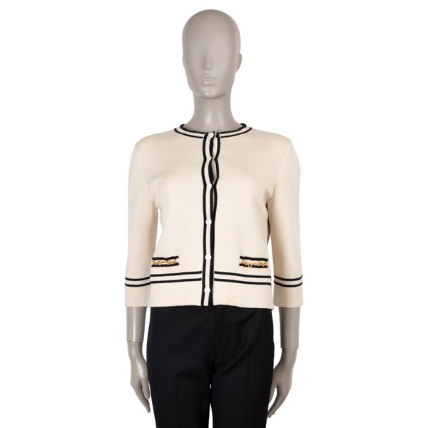 73673 Auth GUCCI Cream & Black Wool 2021 CHAIN TRIM Cardigan Sweater M