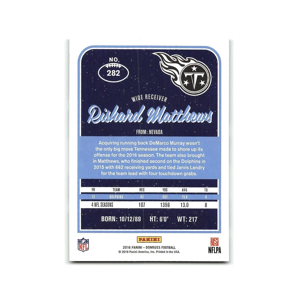 Rishard Matthews 2016 Donruss #282 Tennessee Titans Football Card NM - Image 2 of 3