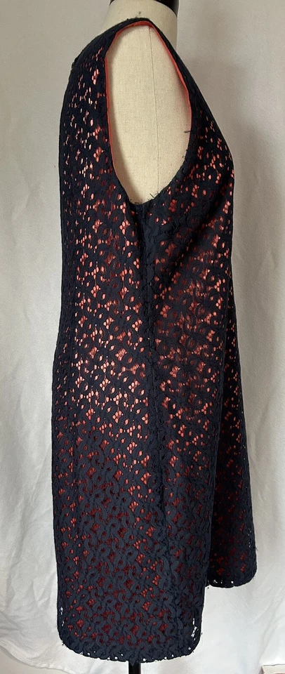 Tahari Petite Navy Overlay Orange Cotton Dress Sheath Sleeveless Womens 14P - Image 2 of 4