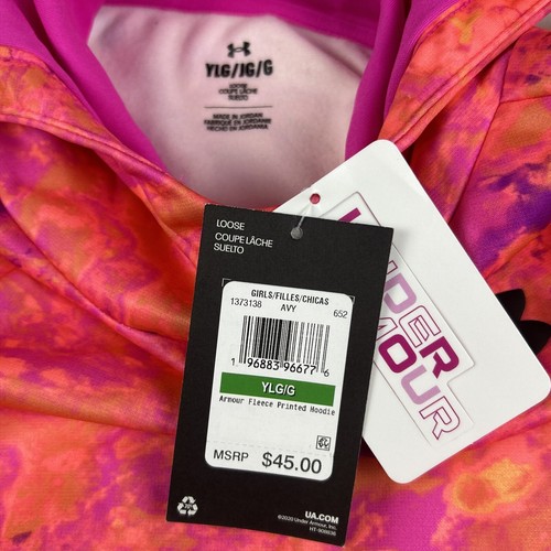 UNDER ARMOUR Girls Fleece Logo Hoodie in Neon Pink Tie-Dye Print Youth Size L - Picture 3 of 9