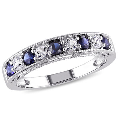 Amour Sterling Silver Created Blue and White Sapphire Semi-Eternity Ring