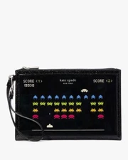 Space Invaders X Kate Spade Glitter Patent New York Wristlet KI754 NWT Black