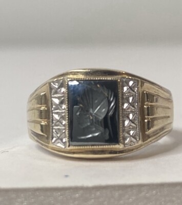 VTG Intaglio Mens Victorian Hematite Centurion Sterling 10K Gold Ring 9.25 PSCo