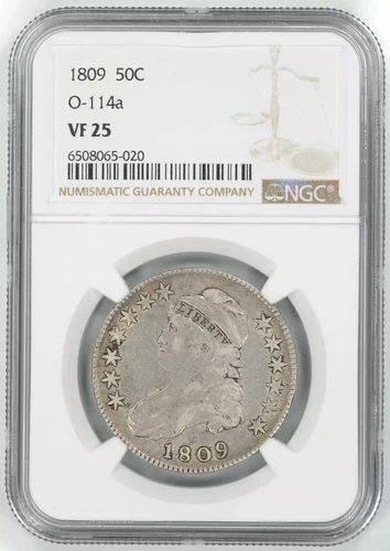 1809 CAPPED BUST HALF DOLLAR 50C O-114a NGC CERTIFIED VF 25 VERY FINE R.5 (020)