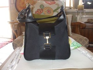 Gucci Classic Black Canvas Leather Shoulder Bag Handbag Tote Baguette Purse Ebay
