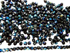 600 Preciosa Czech Glass Round Faceted Fire Polished Beads 4mm Jet AB, black AB