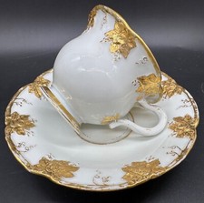 ANTIQUE MEISSEN CUP SAUCER WHITE GOLD LEAF GRAPEVINE BLUE SWORD SIGNED
