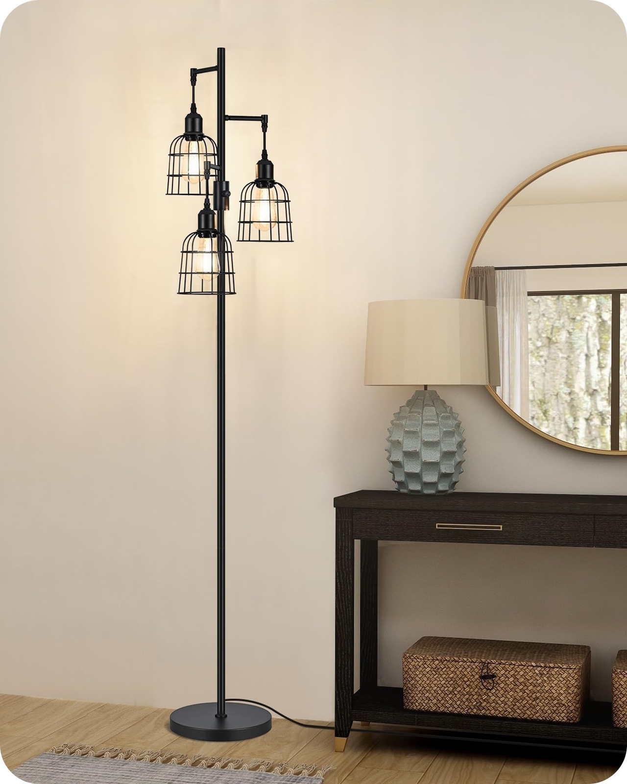 EDISHINE Farmhouse Dimmable Floor Lamp, 3 LED Edison Bulbs Included, Industri...